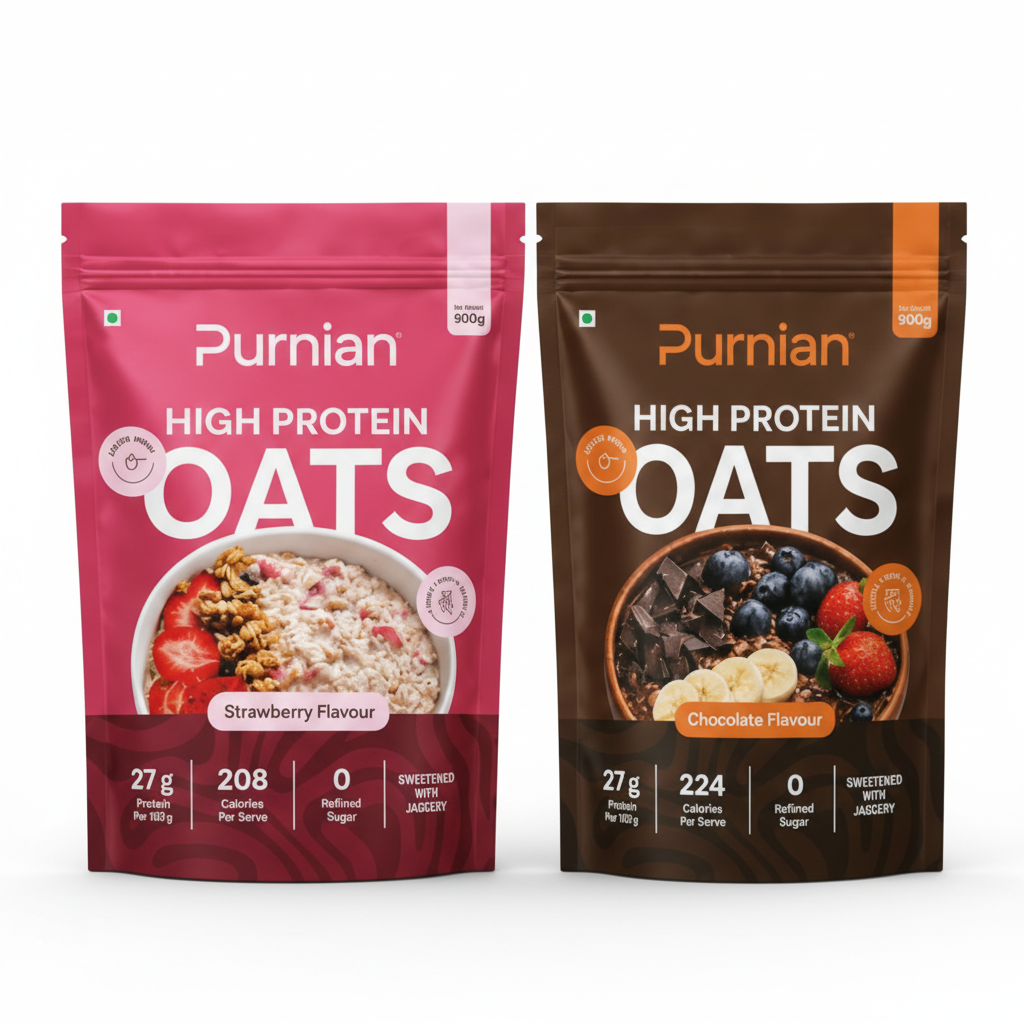 Two stand-up pouches of Purnian High Protein Oats are shown on a tabletop with a bowl of prepared oatmeal and scattered oats, almonds, and chocolate pieces in front. The left pouch is strawberry flavor in a pink package, and the right pouch is chocolate flavor in a dark brown package.